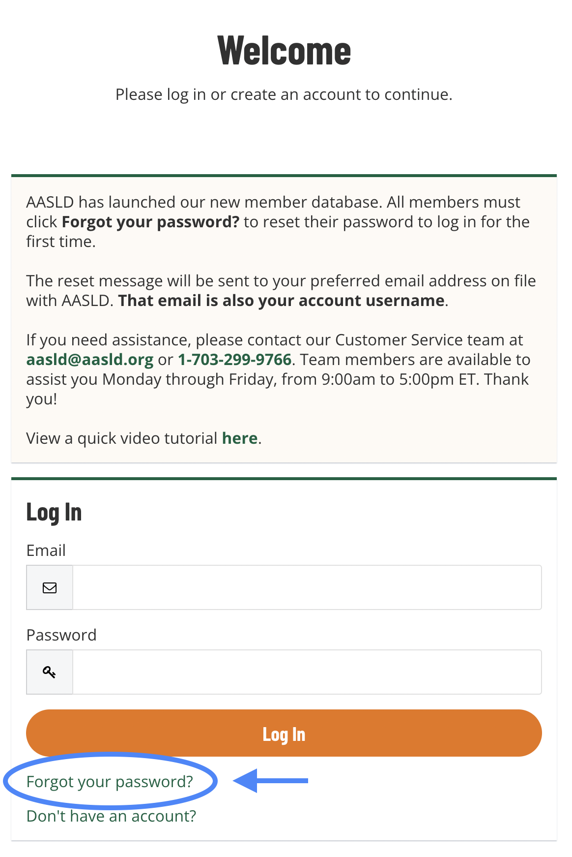 Sección de ingreso al portal de AASLD con el enlace "Forgot your password?" destacado.